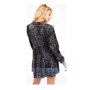 Free People Paisley Babydoll Mini Dress Womens S Brown Blue Long Sleeve Boho